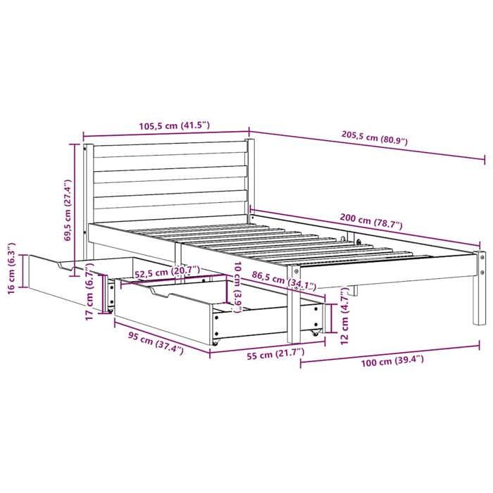VidaXL Cadre de lit avec tiroirs 100x200 cm bois massif de pin, sommier, cadre de lit simple, cadre de lit en bois massif, 3301536