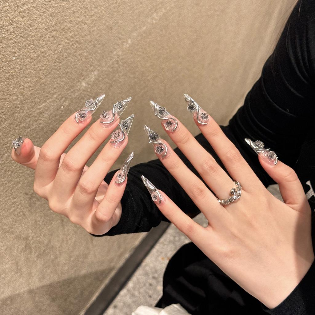 Handmade Press on Nails Long Stiletto Fake Nails with 3D Rose Design Press ons Acrylic False Nail Full Cover Glue on Nail Stick on Nail for Women