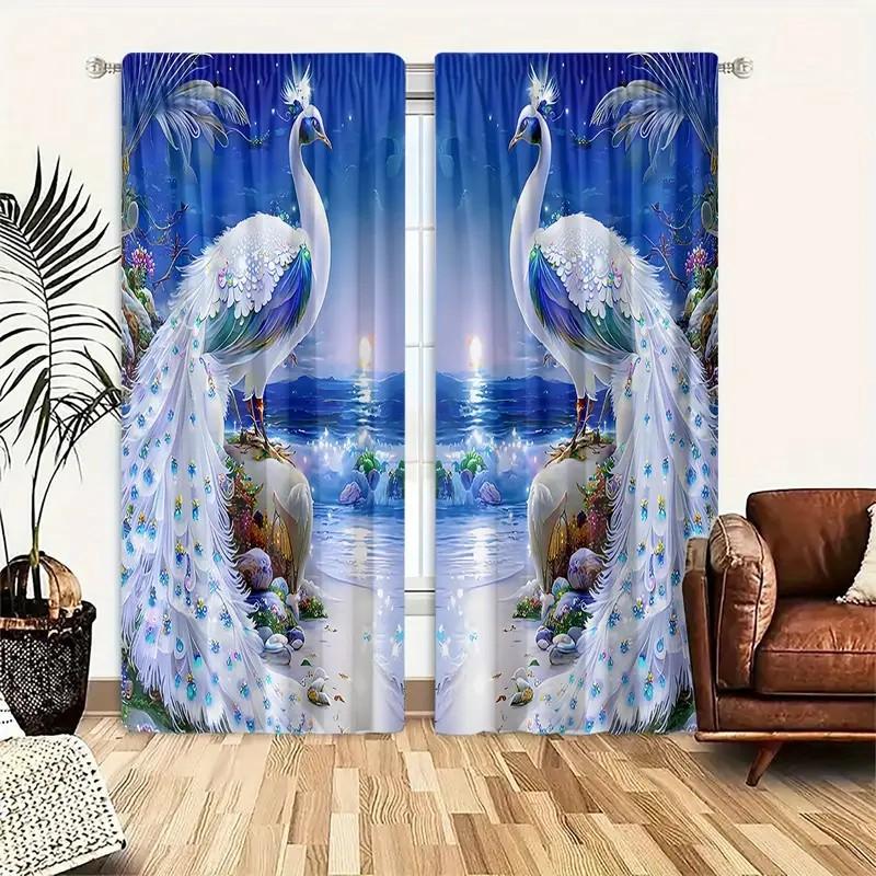 Set Of 2 Elegant Jit Peacock Print Curtain Design Polyester Drape Holiday Window Decor Home Light Blocking Made With Rod Pocket