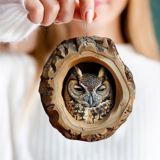 Owl Raccoon Christmas Ornament 2D Printed Acrylic Hanging Decor for Tree Festive Animal Tree Pendant