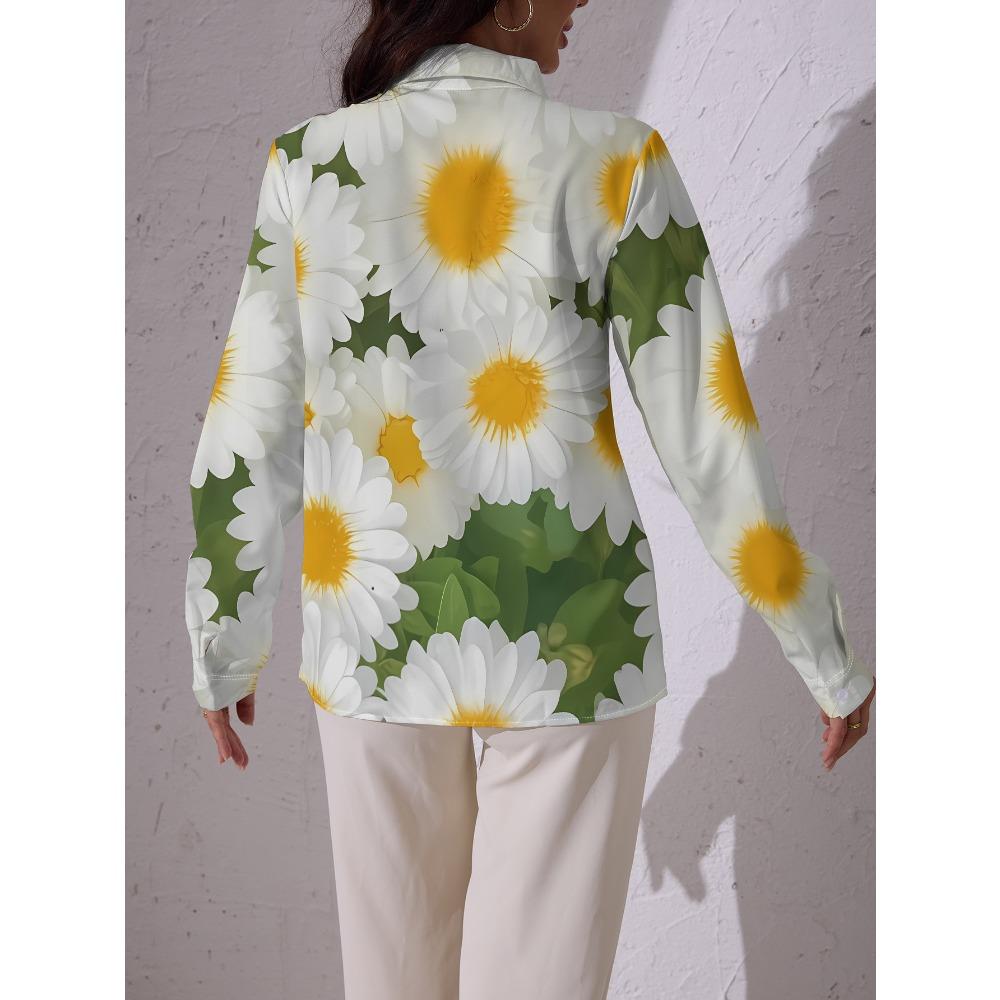 Women's long-sleeved shirt full of white daisies, embellished with yellow stamens, green leaf substrate, fresh and elegant pattern