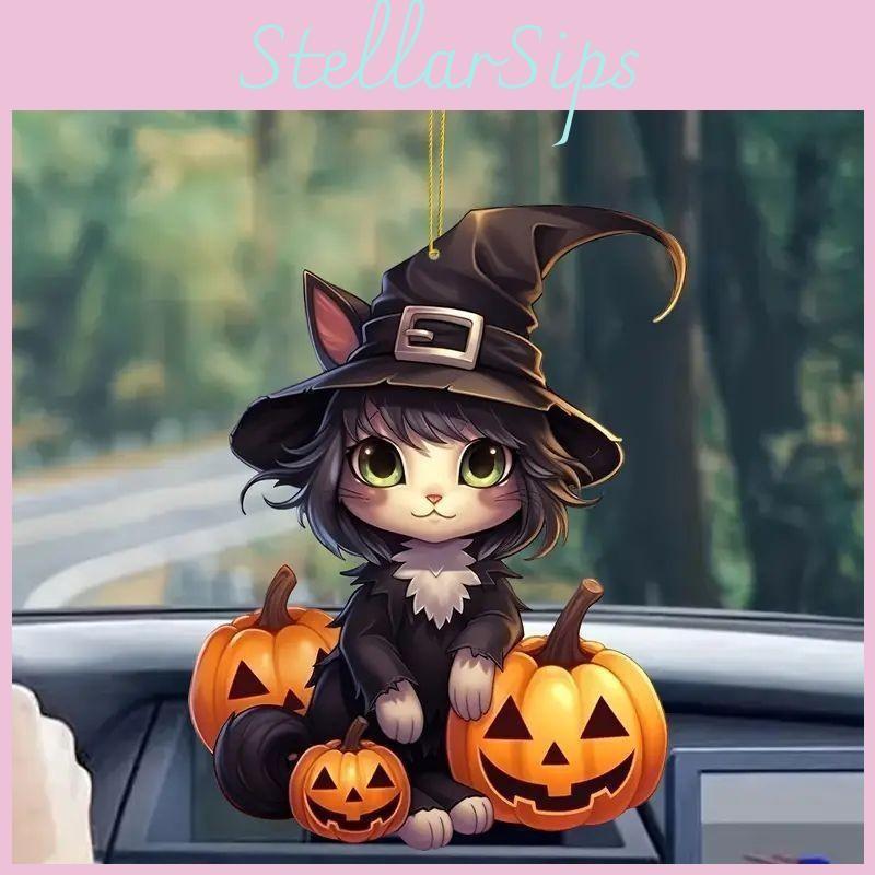 Halloween Flat Acrylic Surface Pendant With Cartoon Witch Cat Design Pumpkin