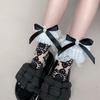 Lace Ruffle Bow Ankle Socks, Sheer Floral Mesh with Pearl Satin Ribbon for Women Girls Lolita Coquette Balletcore Fashion