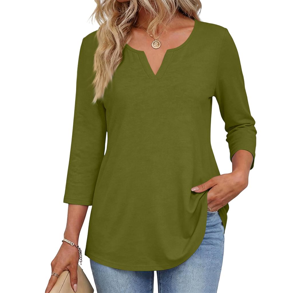 Modisches lässiges Damenoberteil mit V-Ausschnitt und Rundhalsausschnitt, 3/4-Ärmel