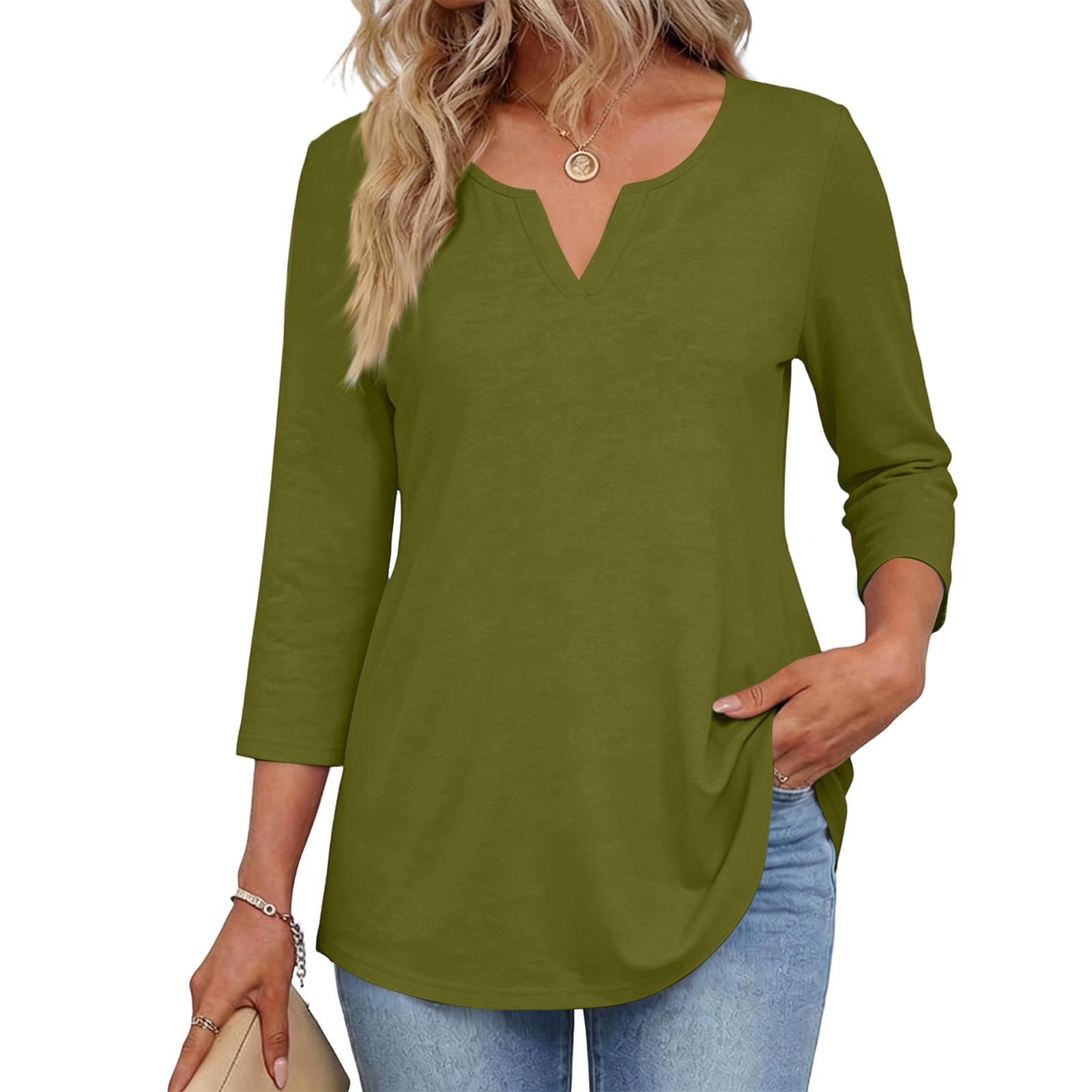 

Модная женская повседневная футболка с V-образным вырезом, круглым вырезом, рукавом 3/4 L армия зеленый