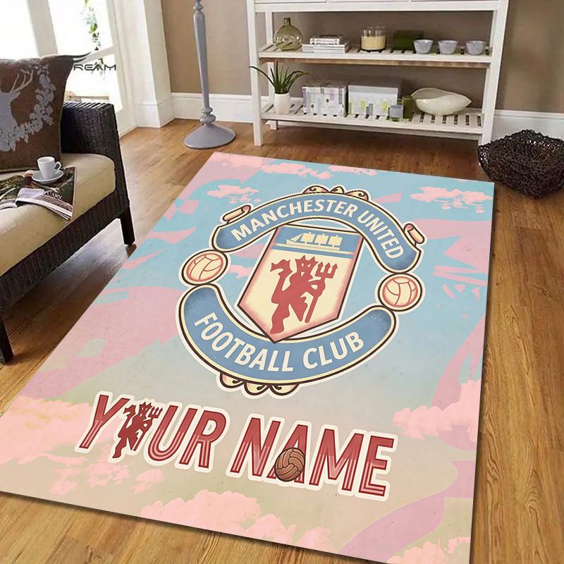 Custom Name Manchester United Flannel Pattern Square Carpet,Area Rug,Carpet Rug for Living Room Bedroom Sofa Playroom Decor,Non-slip Floor Mat