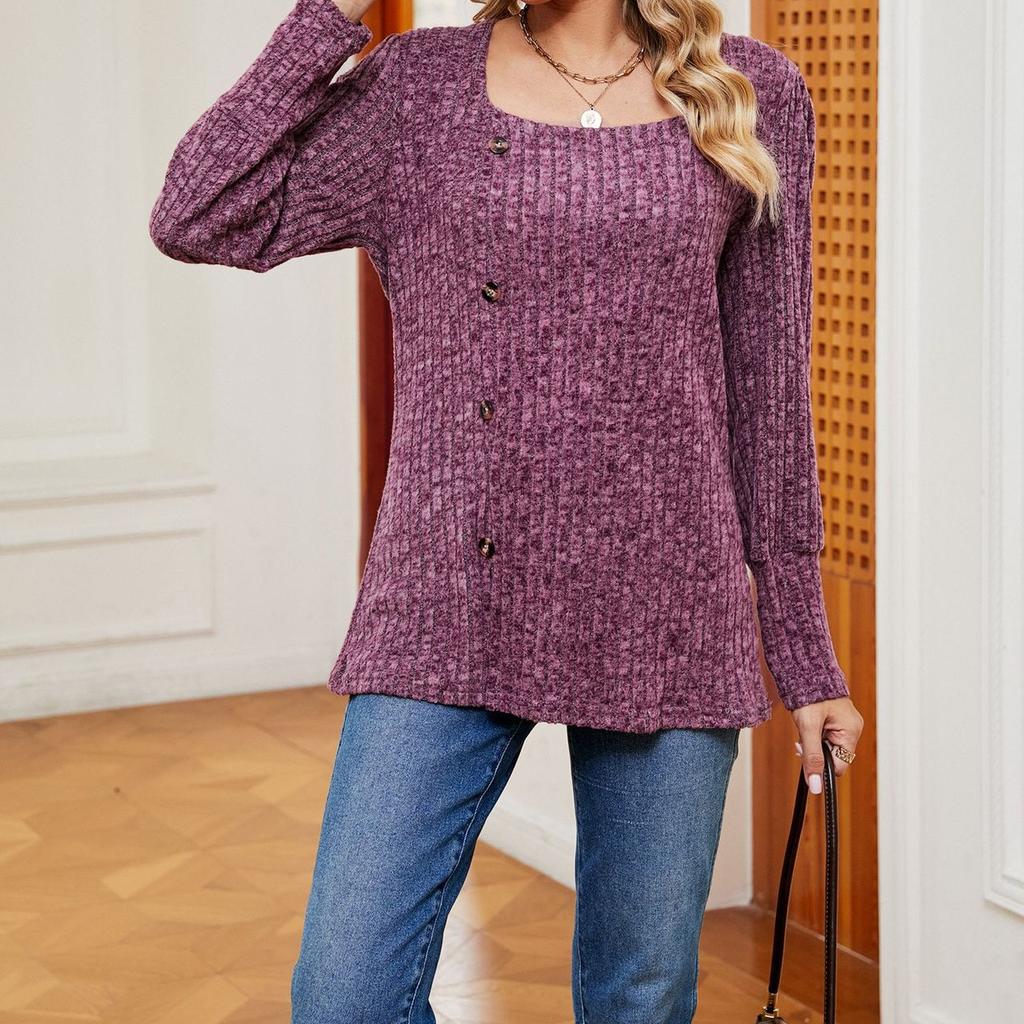 JKAASHDK Damenmode Lässiger Einfarbiger Druck Herbst Winter Langarm Quadratischer Kragen Lose Pullover Blusen & Hemden