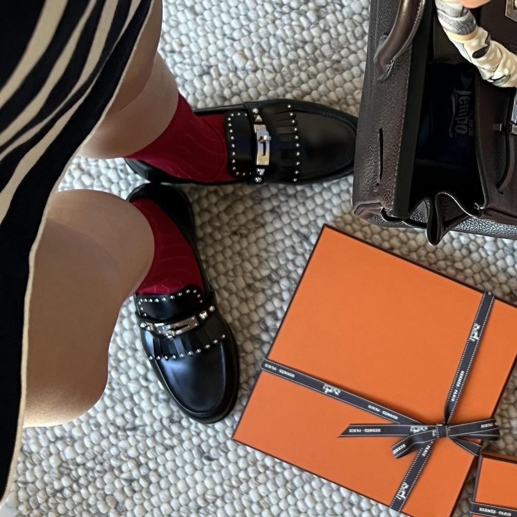 Sheepskin~ British style rivet leather thick-soled small leather shoes women's fringed small gold buckle lazy loafers flat single shoes