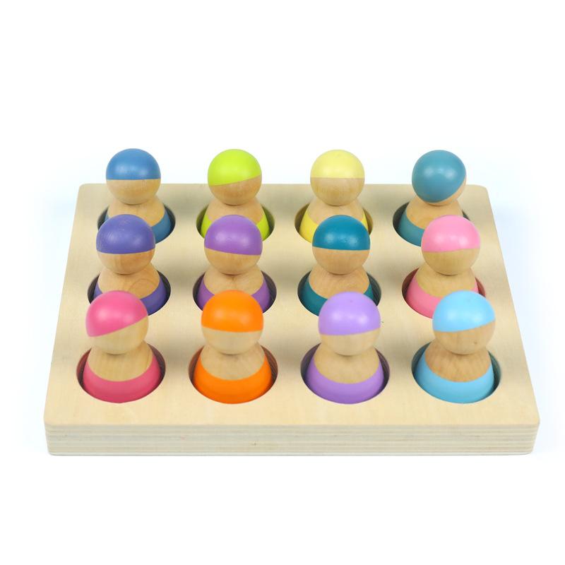 Montessori Sorting Board Puzzle Game Solid Wood Rainbow/Macaron Color Tray Villain Bead Color Cognition Matching Educational Toy
