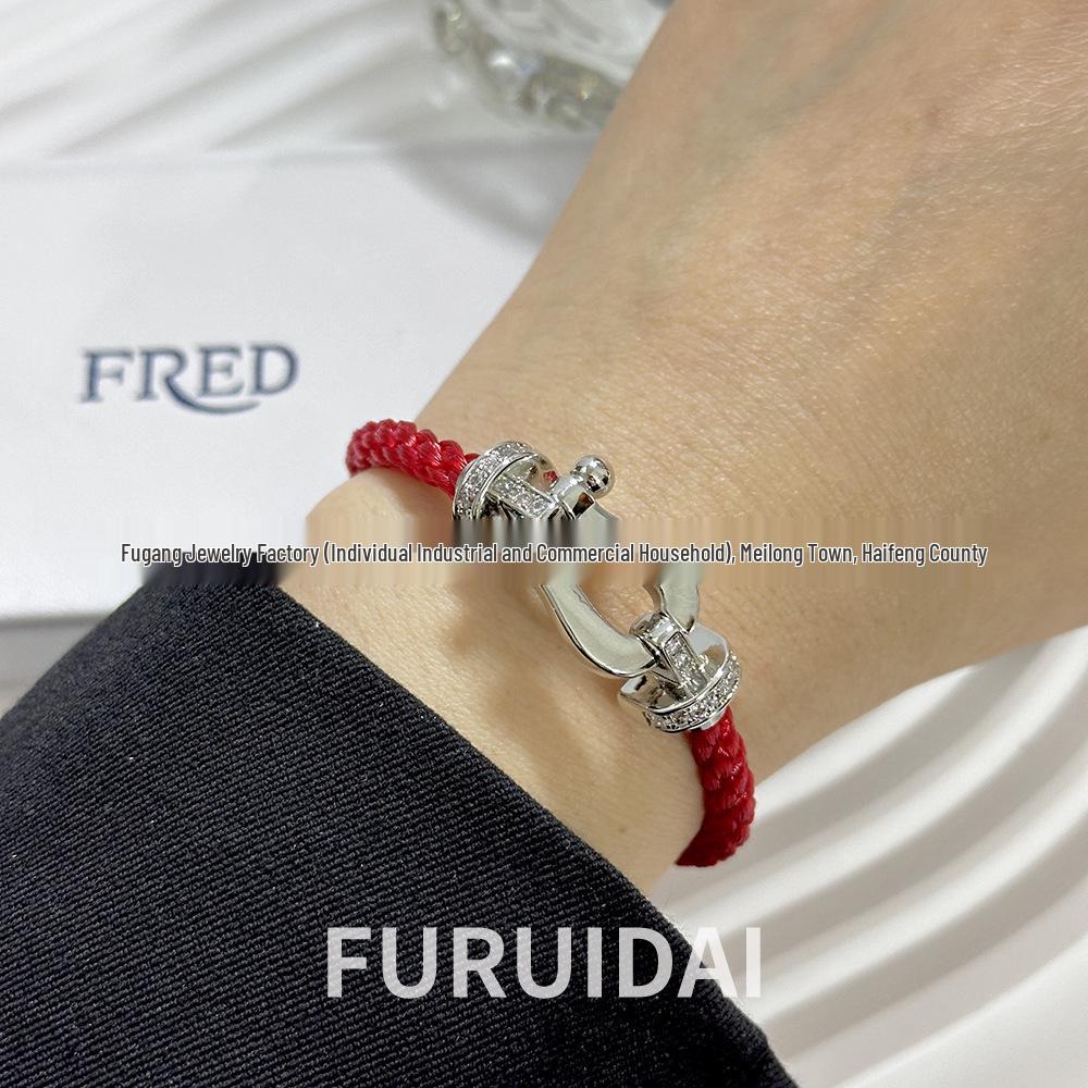 Bracciale Fred Placcato Oro 18k con Ferro di Cavallo Diamantato Zodiaco Corda Rossa - Unisex Stile Fai da Te a Forma di 8