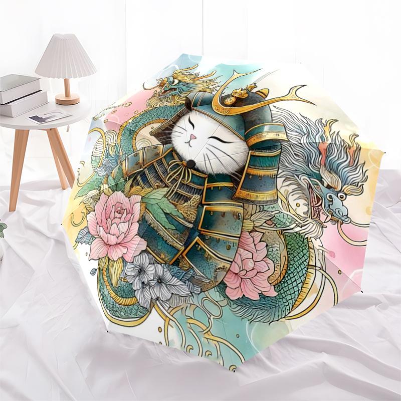 

1pc Samurai Cat in Armor Pattern Umbrella, Fashionable, Personalized, High-Value Folding Umbrella, a Must-Have for Summer, 8-Rib Durable Iron Frame, T