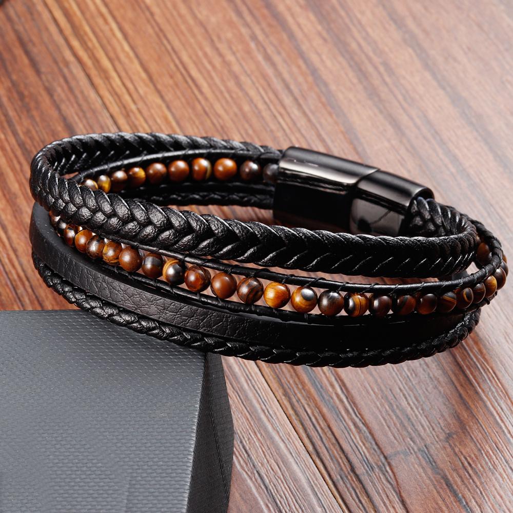 Fashion Rope Men Bracelet Double Layer Leather Bracelet Homme Stainless Steel Accessories for Lover Husband Jewelry Gift