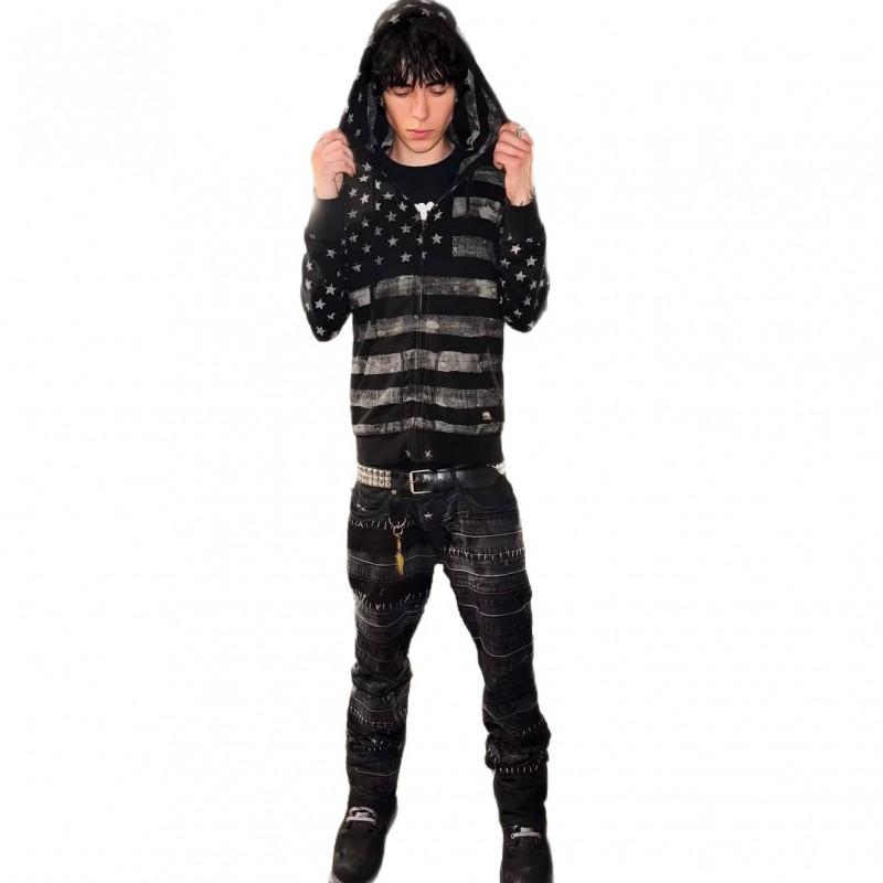 Vintage Punk Star Striped Zip Hoodie Loose Fit Streetwear Men Women