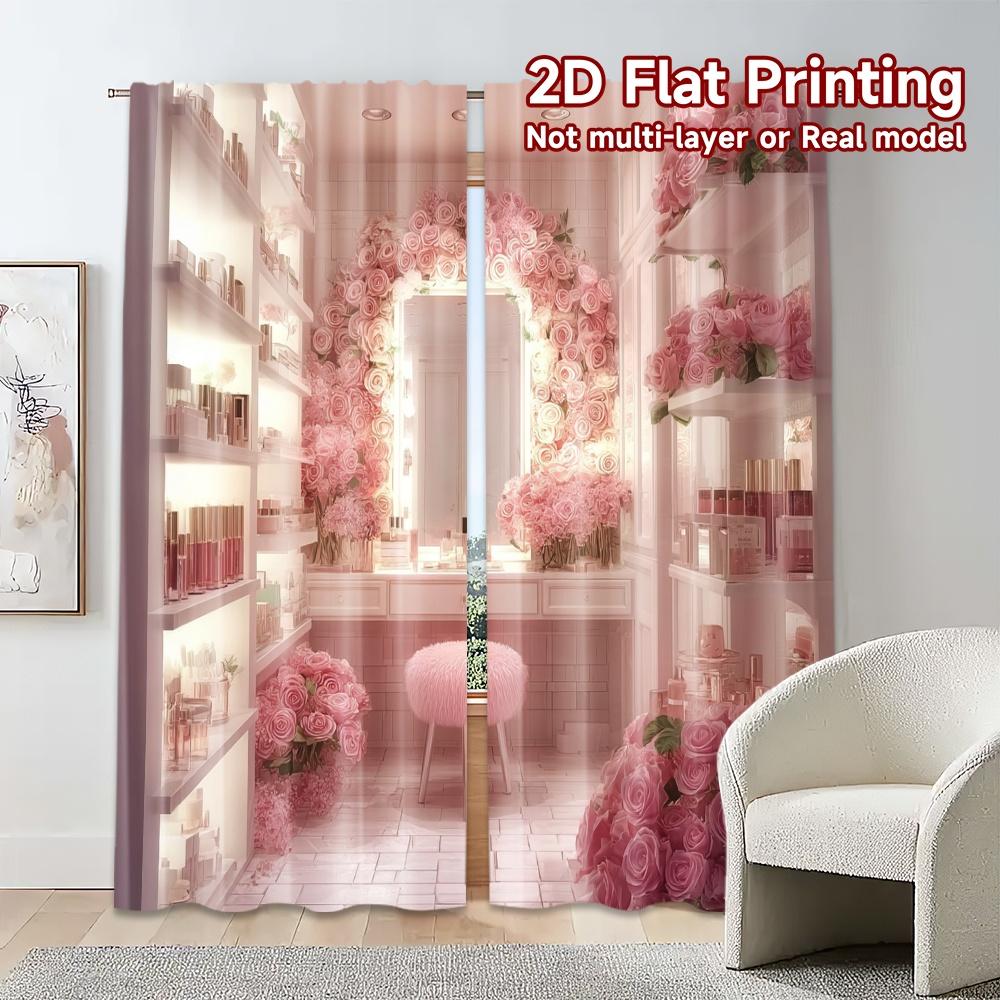 2pcs, 2D FLAT PRINTING Curtains (Without Rod) BlushBloom Vanity Popular Creative Curtains Prints Light Filtering Curtains