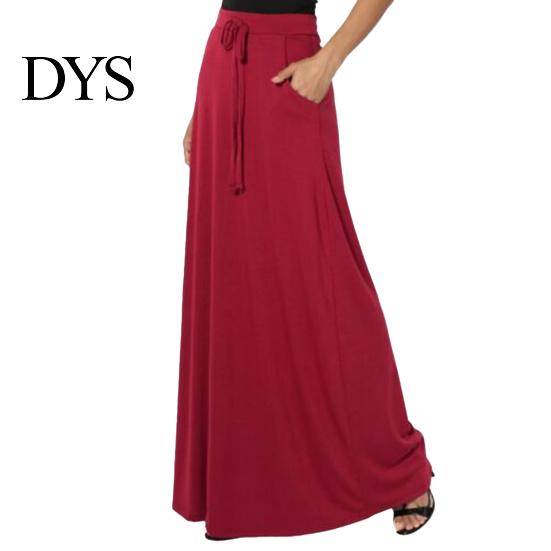 Long Skirt Women Maxi Adjustable Drawstring High-Waisted Solid Color Casual with Pockets Work