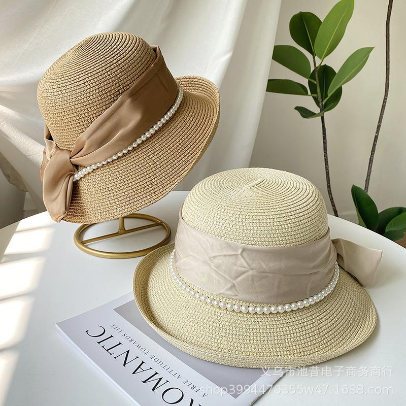 French celebrity style flat top top hat new summer elegant pearl straw seaside sun hat children