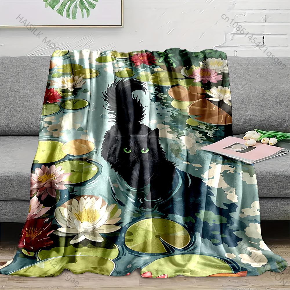 

Multiple sizes Black cat walking in lily pond Blanket Suitable for Home Bedroom Sofa Travel Camping Blanket Various Sizes Gifts 75x100cm