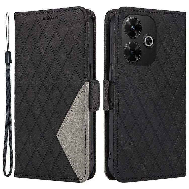 

For Xiaomi Redmi 13 4G Case Rhombus PU Leather Flip Phone Cover Splicing - Black