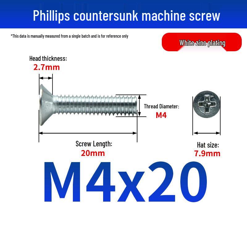White Zinc Plated Cross Recessed Countersunk Head Screws & Bolts, Machine Thread, M3-M12