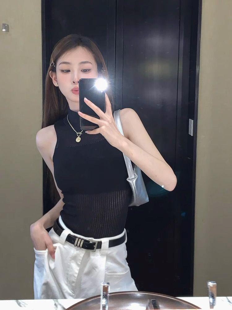 Summer Slim Spaghetti Strap Hollow Out Top Women's High Neck Knitted Vest