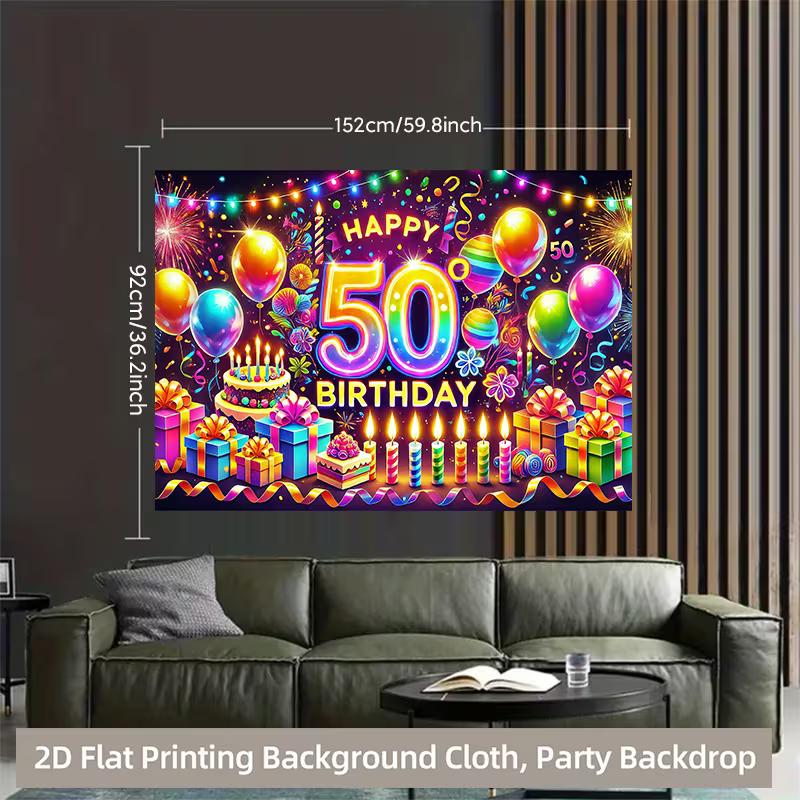 2D Happy 50th Birthday Photography Backdrop, Glow Neon Party Background