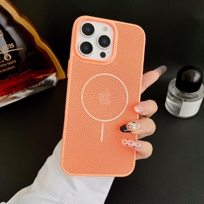 Coque Respirante Refroidissante en Maille Premium pour iPhone 16 15 14 13 12 11 Pro Max Pour MagSafe Chargement Sans Fil Anti-Choc Tendance For iPhone 15 Pro orange