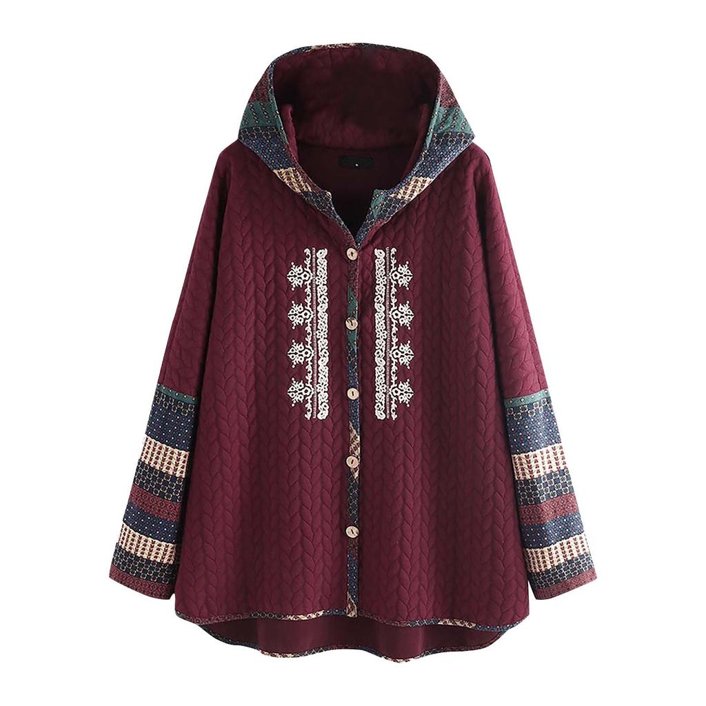 Frauen Mode Retro Druck Spleißen Taste Kapuze Strickjacke Lange Ärmel Mantel