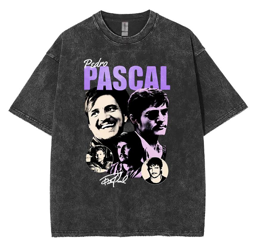 Limited Pedro Pascal Actor Washed Vintage T Shirt Men Women Casual Oversized Tshirt Fashion High Quality Cotton Tees Streetwear