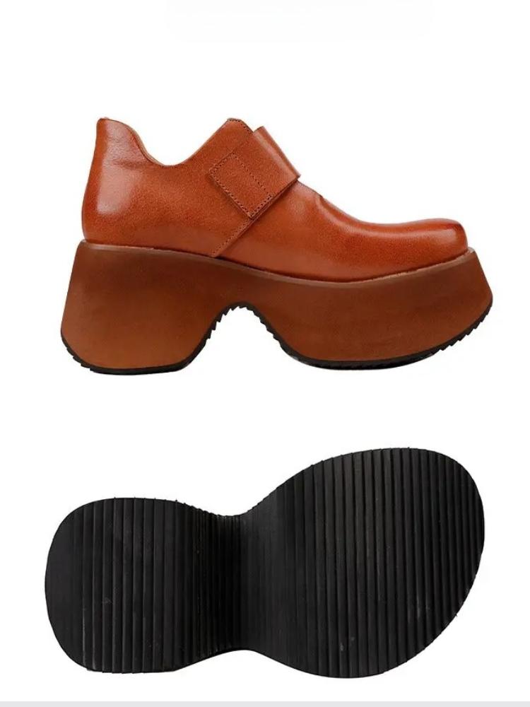 Johnature Genuine Leather Thick Soled Shoes Retro Versatile Buckle Strap Thick High Heels Women's Shoes