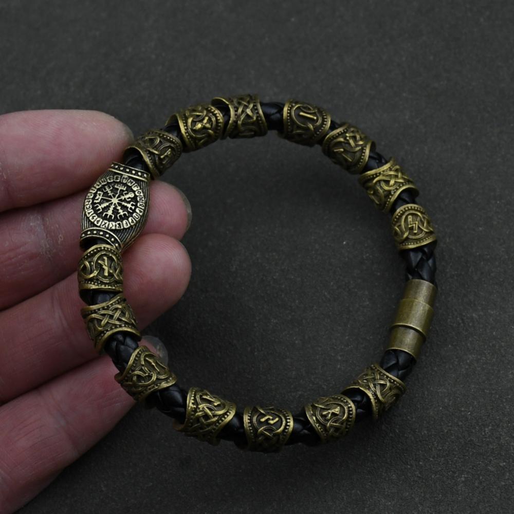 

Norse Runes Bracelet Viking 15Pcs Beads Vegvisir Compass Amulet Viking Bracelet Slavic Accessories 25cm