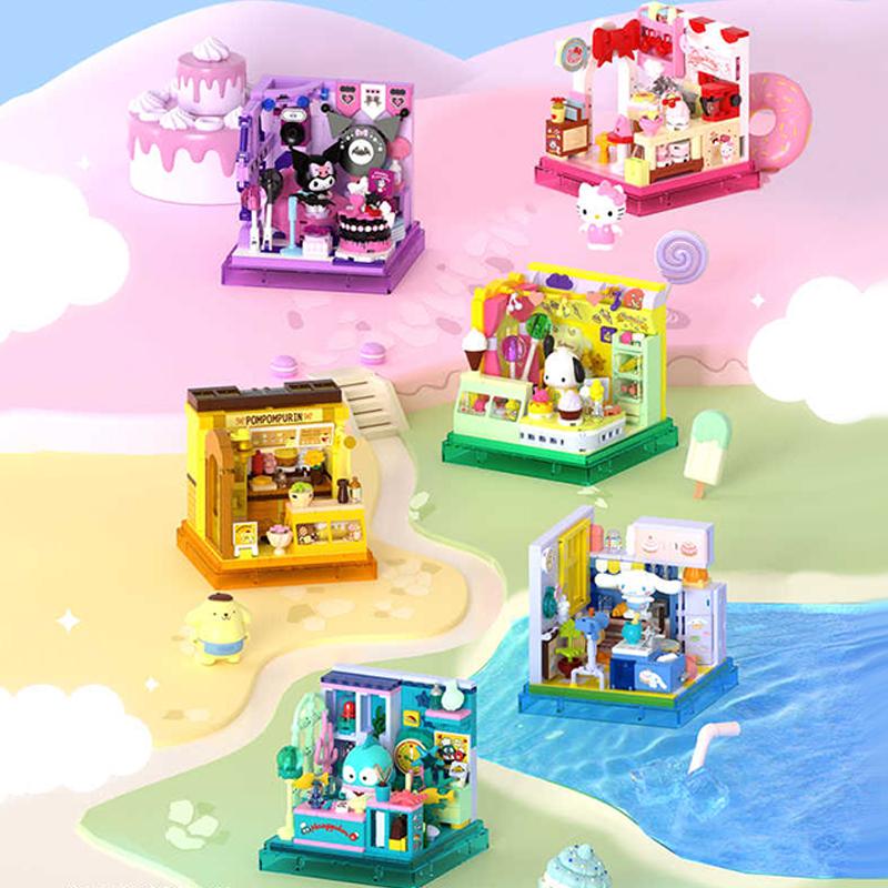 Sanrio Building Blocks Hellokitty Kuromi Bakery Dessert House Ocean Restaurant Shop Model Brick Desktop Display Adult Collection