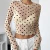 Womens Polka Dots Long Sleeve Mesh Tops Sexy See Through Sheer Blouses Shirts Going Out Crop Top Y2K Date Night Club Party Tops