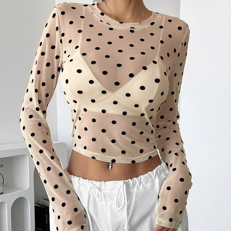 Womens Polka Dots Long Sleeve Mesh Tops Sexy See Through Sheer Blouses Shirts Going Out Crop Top Y2K Date Night Club Party Tops