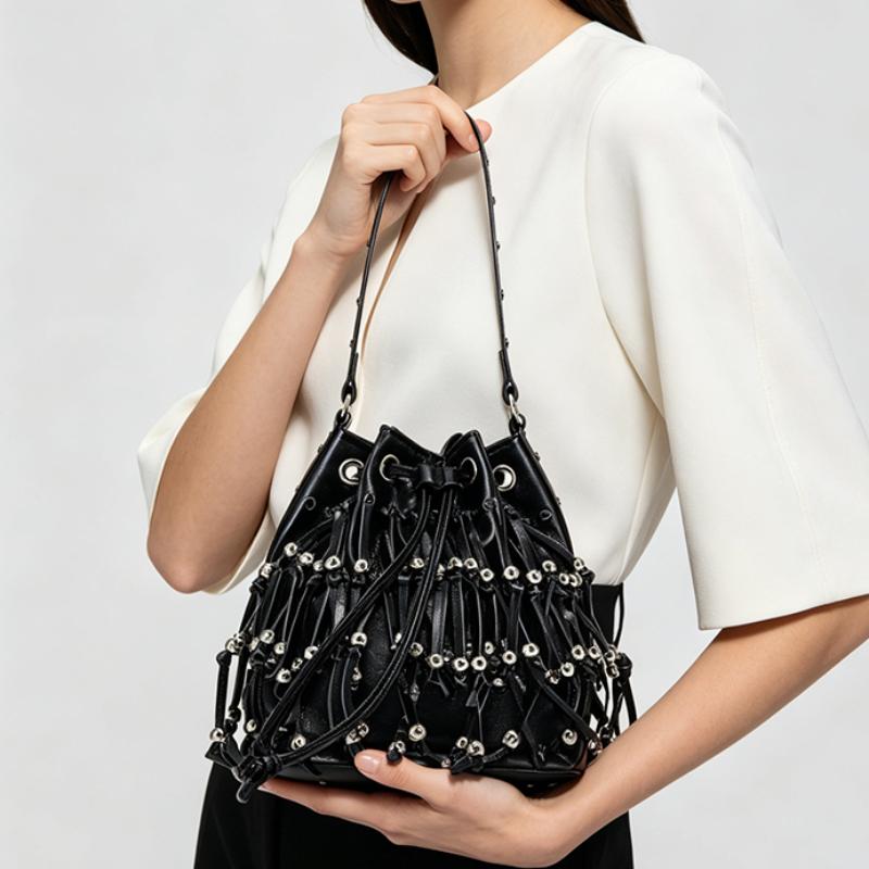 Fashion Rivet Bucket Bag Punk-style Fringes Beads Decor Underarm Bag Street Party Womens' Drawstring Design Large Handbag
