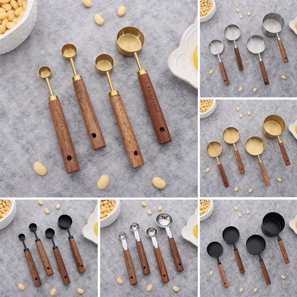 4 Pezzi Cucchiaio Dosatore Caffè con Manico in Legno Oro Argento Strumento per Cottura Gelato Zucchero Sale Spezie