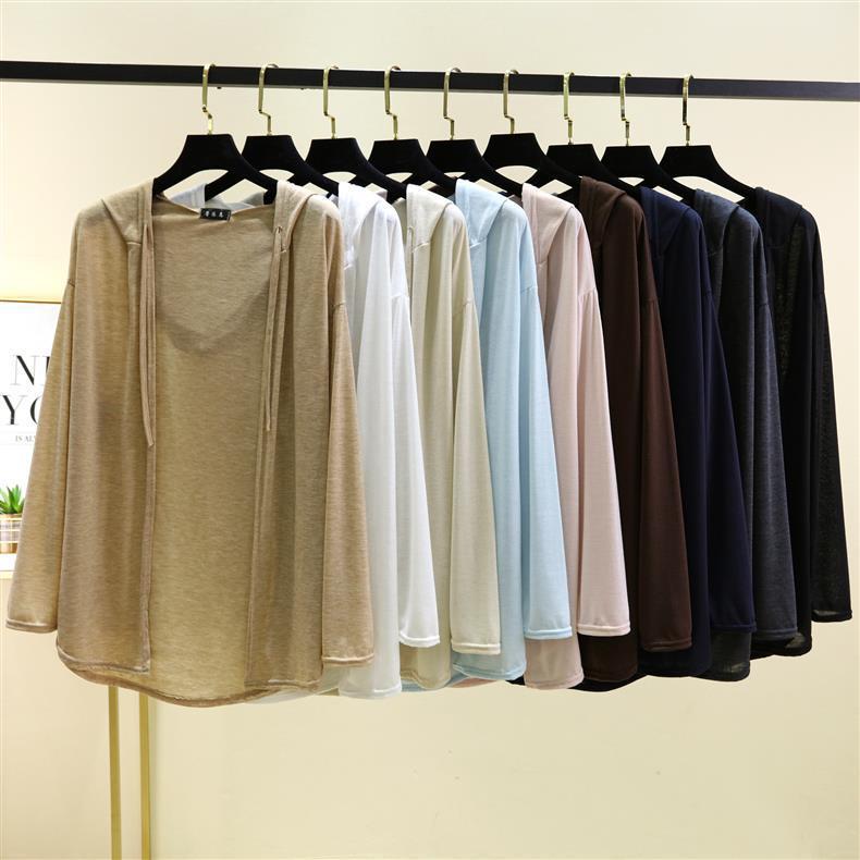 Women's Summer Tencel Hooded Cardigan - Solid Color Long Sleeve Shawl, Loose Plus Size AC Shirt Jacket