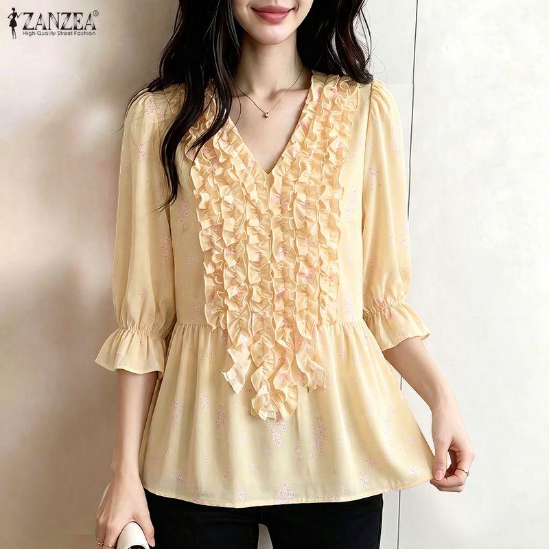 ZANZEA Women Elegant Floral Print Summer Casual V-Neck 3/4 Sleeve Blouse