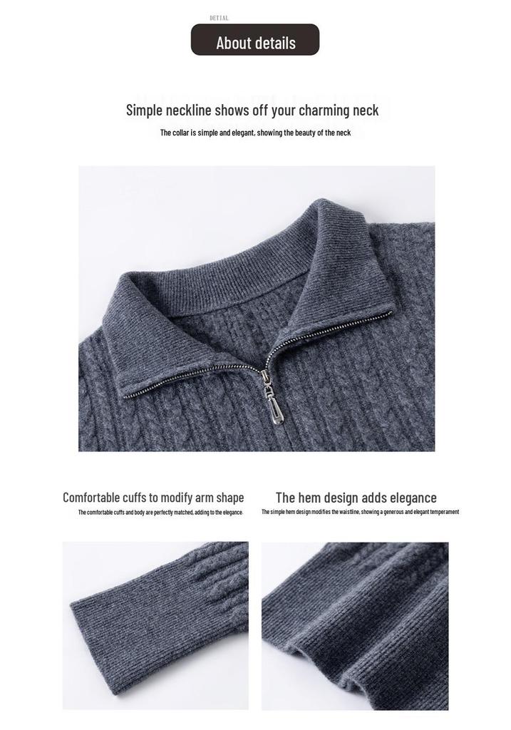 Women's Pure Wool Half-Zip Sweater - Stand Collar, Autumn/Winter Thick Knit for Middle-Aged Women, Petite Base Layer
