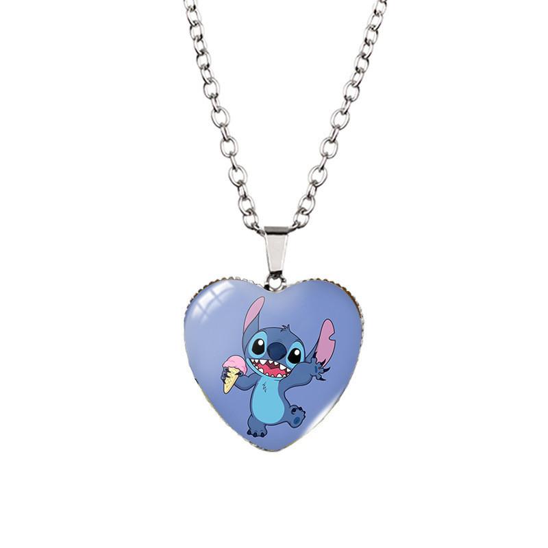 Adorable Stitch Cartoon Heart Necklace For Kids With Stunning Glass Pendant And Alloy Chain
