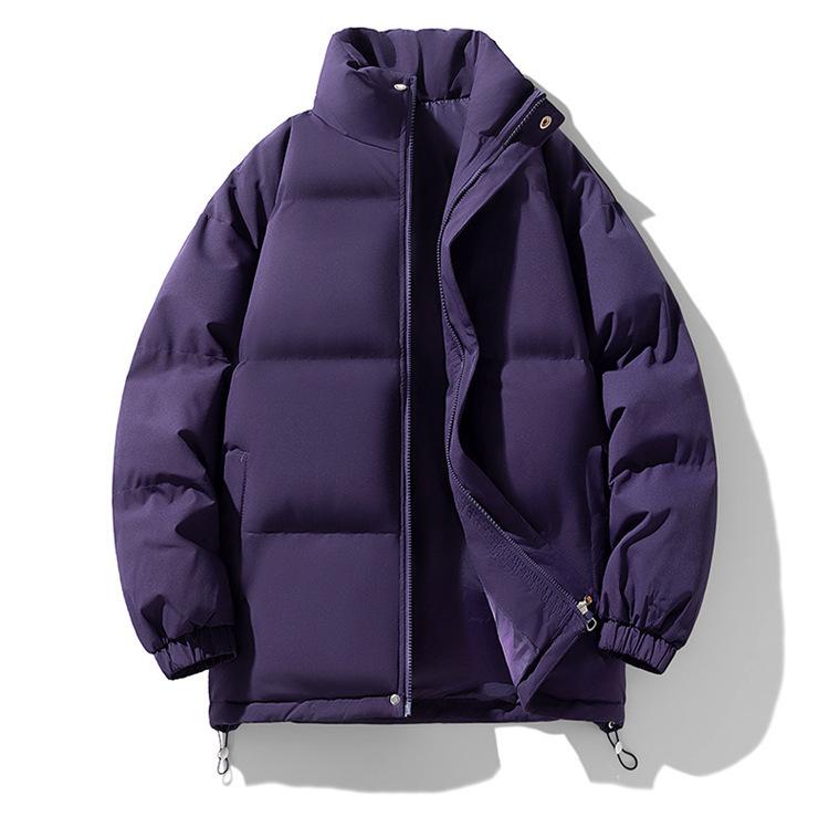 Men's Winter Thick Cotton Jacket with Stand-Up Collar - Loose, Versatile, Solid Color Bread Suit for Couples.