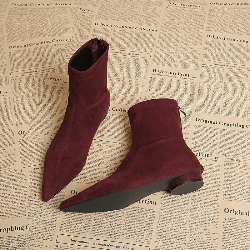 Nowe zimowe damskie botki na niskim obcasie, modne, z wąskim noskiem, buty na imprezę, damskie, vintage, wąskie, krótkie botki