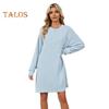 Herbst Frühling Kleid Faden Einfarbig Lose Brust Tasche Lange Ärmel O Hals Pullover Knie Länge Pendeln Dating Midi Kleid