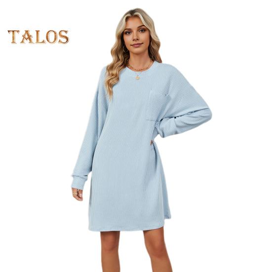 Herbst Frühling Kleid Faden Einfarbig Lose Brust Tasche Lange Ärmel O Hals Pullover Knie Länge Pendeln Dating Midi Kleid