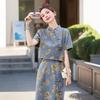 Fashion Chinese Style Denim Skirt Set Women Summer Floral Print Two Piece Outfit with Knot Buttons