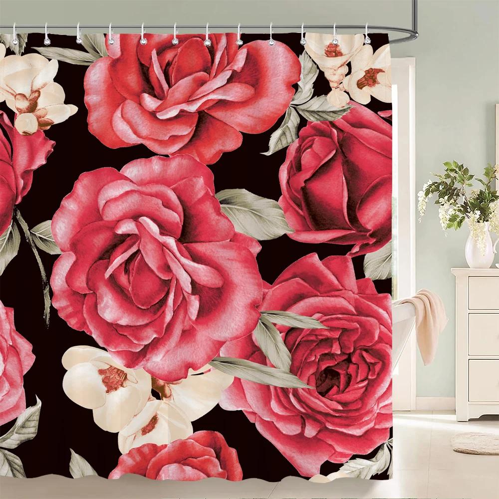 Elegant Floral Flowers Retro Rose Shower Curtain Polyester Bath Curtain Bathroom Decor Washable With Hook