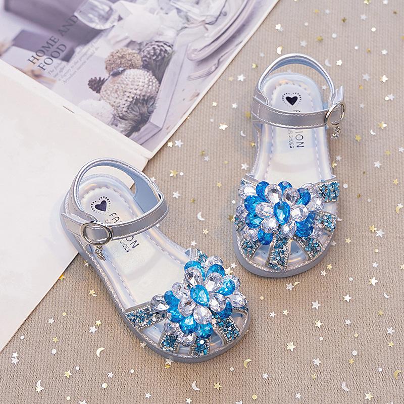 

Туфли-сандалии принцессы для девочек 2025 новая летняя обувь детские хрустальные туфли с платьем женские туфли с драгоценными камнями и стразами летние 34 синий