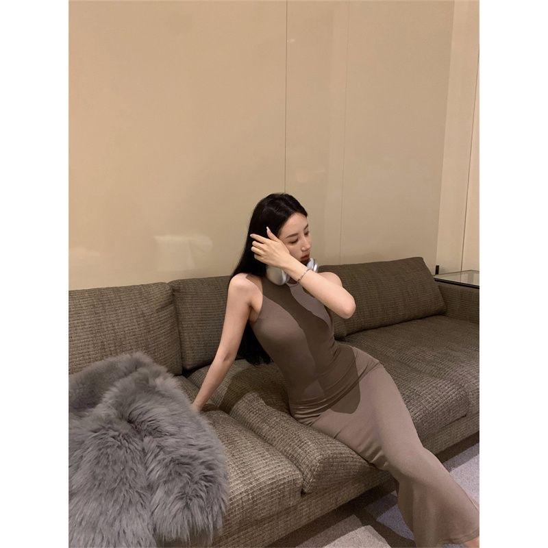 Summer Korean Version Off-the-shoulder Turtleneck Vest Dress Women's Pure Desire Sexy Slim and Thin Versatile Hip-wrapped Long Skirt