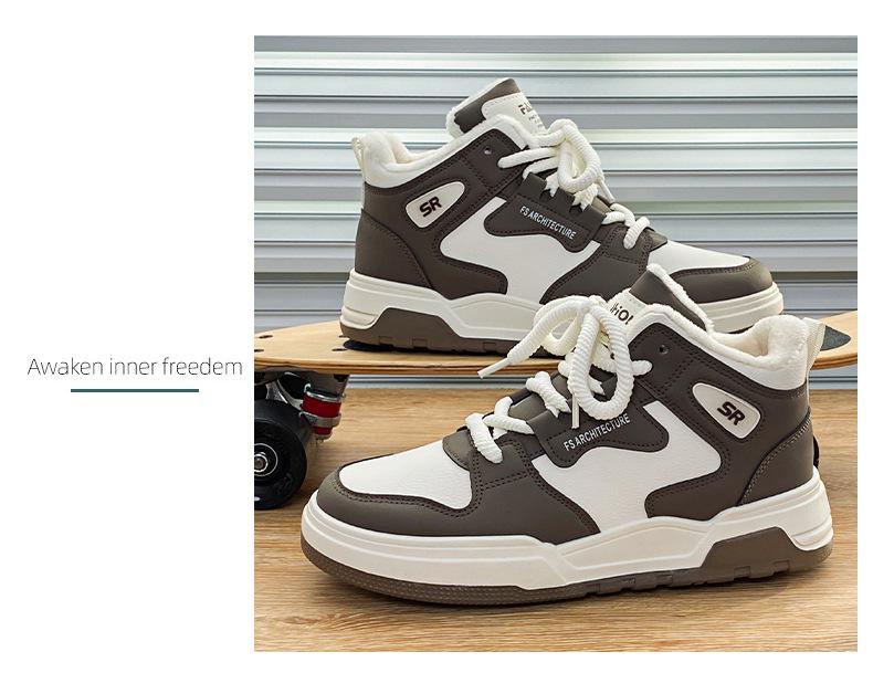 Men's Fleece-Lined High-Top Winter Sneakers - Trendy Hong Kong Style, Versatile Casual Cotton Shoes for Warmth and Comfort.