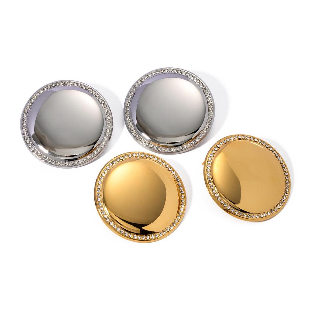 18k Gold-Plated Stainless Steel Diamond Inlaid Round Disc Earrings