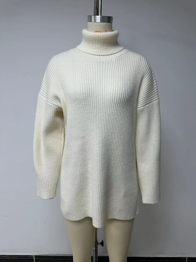 Autumn Winter Women's High Neck Oversized Pullover Split Long Sleeve High Neck Ribbed Knit Sweater Luxurious Relaxed-fit Slimming and Versatile Top